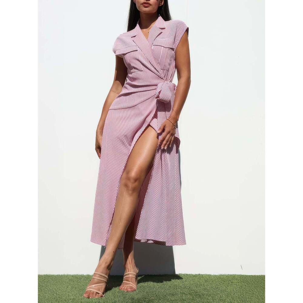 New York & Company Cap Sleeve Stripe Wrap Midi Dress Size SMALLSMALL / RED - RED